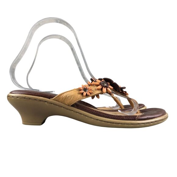 Born Shoes - Born Women's Size 9 Brown Leather Flower Applique Open Toe Slip On Heeled Sandal